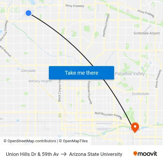 Union Hills Dr & 59th Av to Arizona State University map