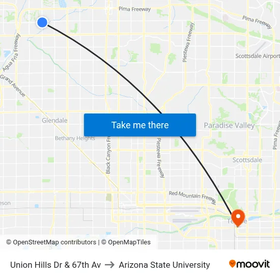 Union Hills Dr & 67th Av to Arizona State University map