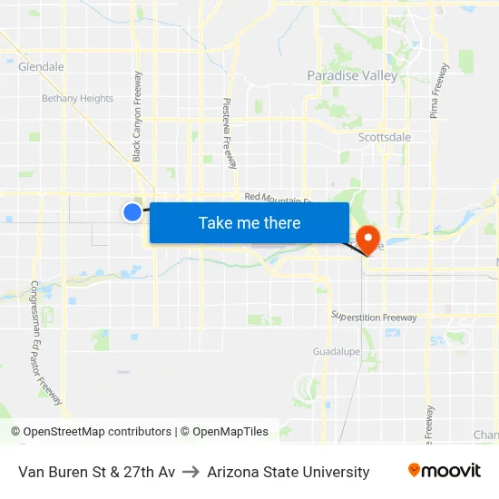 Van Buren St & 27th Av to Arizona State University map