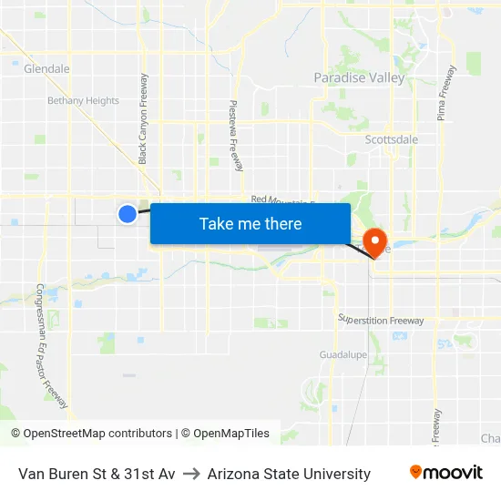 Van Buren St & 31st Av to Arizona State University map