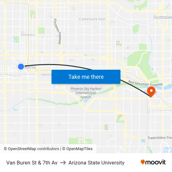 Van Buren St & 7th Av to Arizona State University map