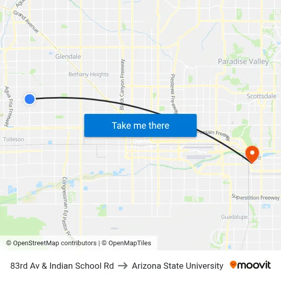 83rd Av & Indian School Rd to Arizona State University map