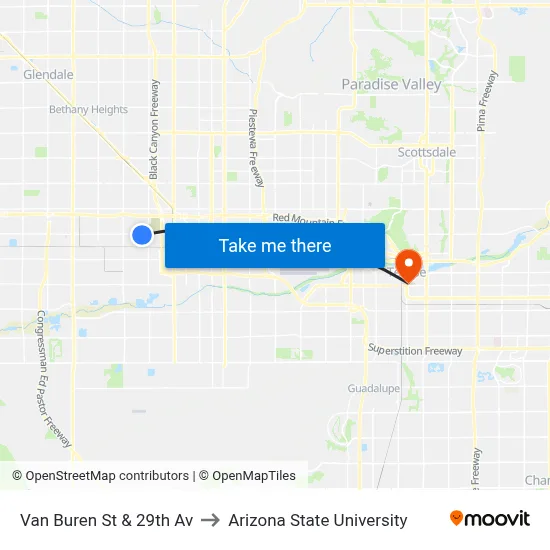 Van Buren St & 29th Av to Arizona State University map