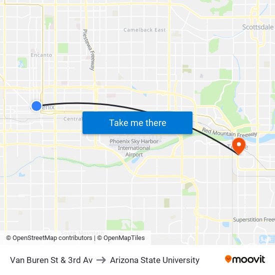 Van Buren St & 3rd Av to Arizona State University map