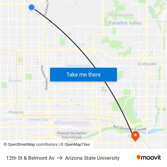 12th St & Belmont Av to Arizona State University map