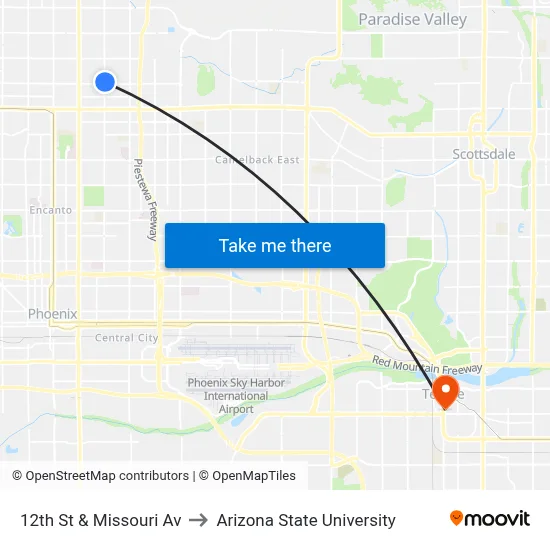 12th St & Missouri Av to Arizona State University map