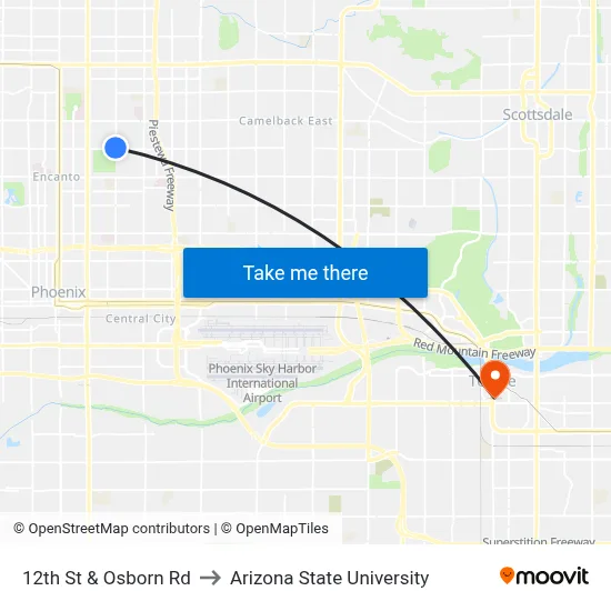 12th St & Osborn Rd to Arizona State University map