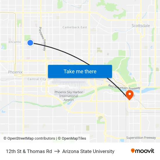 12th St & Thomas Rd to Arizona State University map
