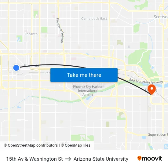 15th Av & Washington St to Arizona State University map