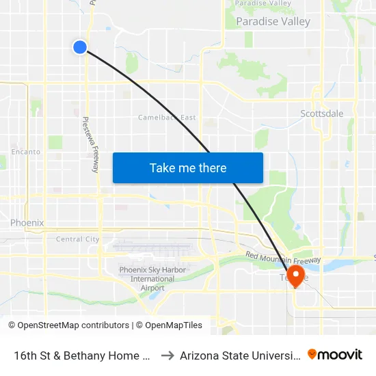 16th St & Bethany Home Rd to Arizona State University map