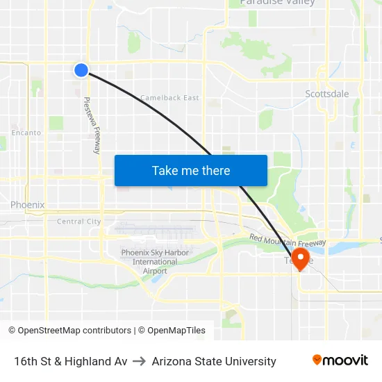 16th St & Highland Av to Arizona State University map