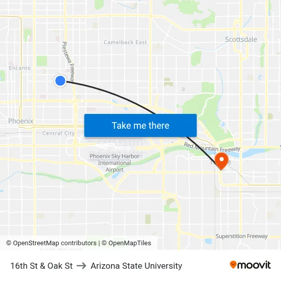 16th St & Oak St to Arizona State University map