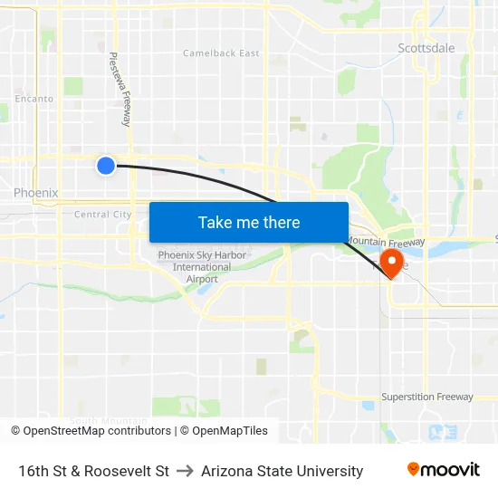 16th St & Roosevelt St to Arizona State University map