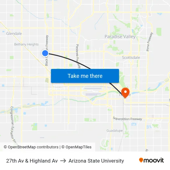 27th Av & Highland Av to Arizona State University map