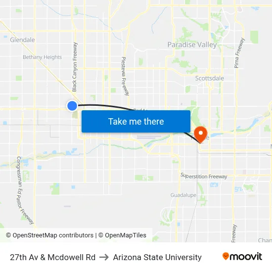 27th Av & Mcdowell Rd to Arizona State University map