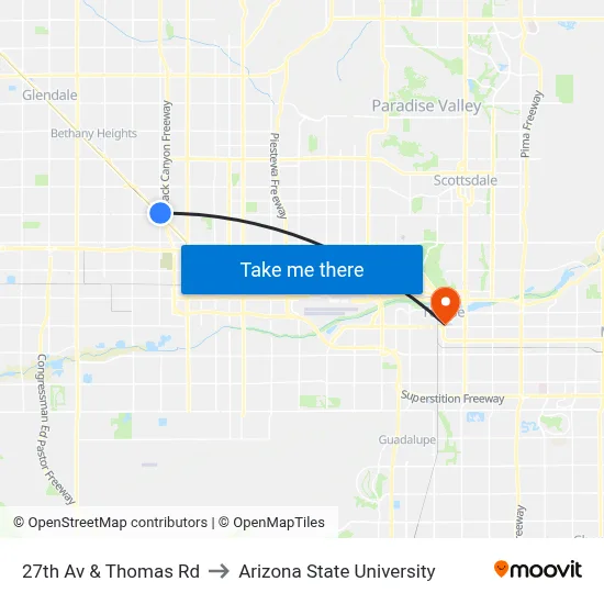 27th Av & Thomas Rd to Arizona State University map
