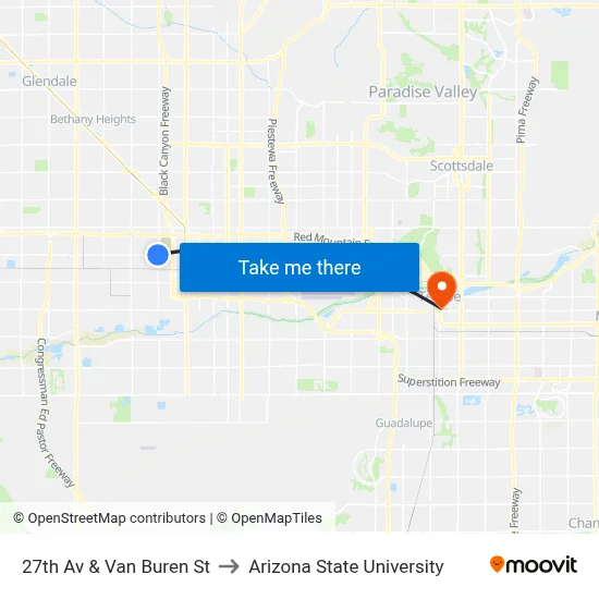 27th Av & Van Buren St to Arizona State University map