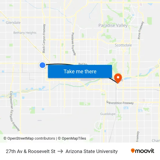 27th Av & Roosevelt St to Arizona State University map