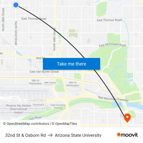 32nd St & Osborn Rd to Arizona State University map