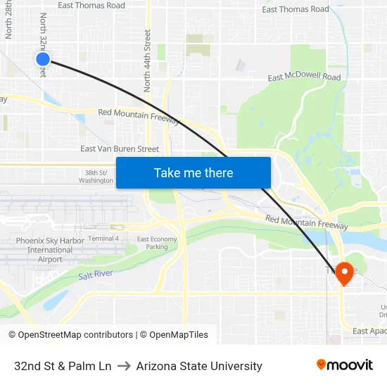 32nd St & Palm Ln to Arizona State University map
