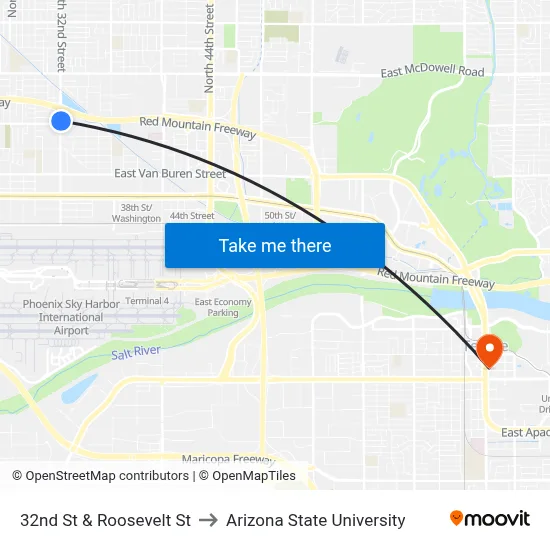32nd St & Roosevelt St to Arizona State University map