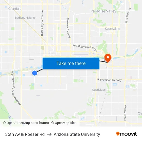 35th Av & Roeser Rd to Arizona State University map