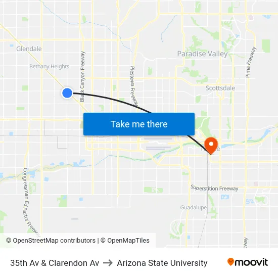 35th Av & Clarendon Av to Arizona State University map