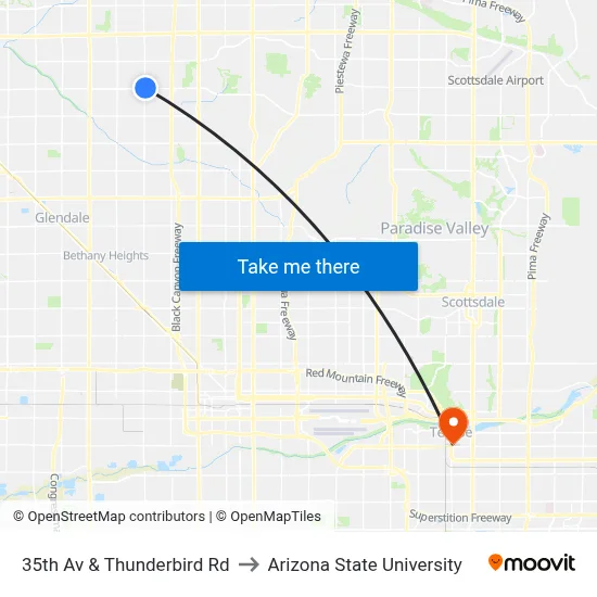 35th Av & Thunderbird Rd to Arizona State University map