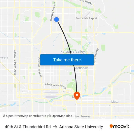 40th St & Thunderbird Rd to Arizona State University map