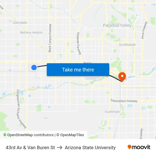 43rd Av & Van Buren St to Arizona State University map