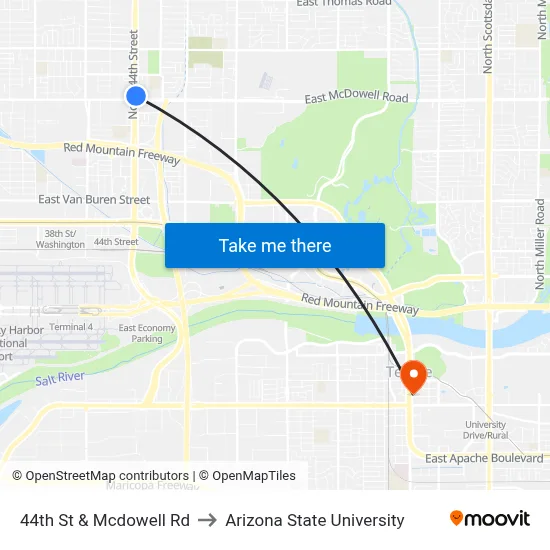 44th St & Mcdowell Rd to Arizona State University map