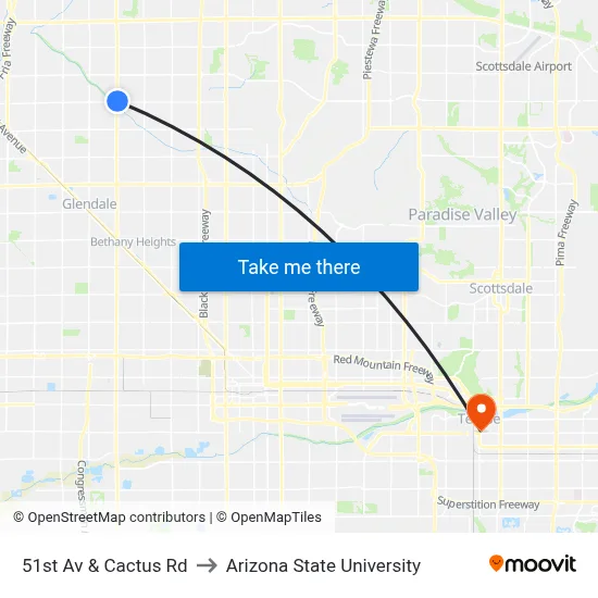 51st Av & Cactus Rd to Arizona State University map
