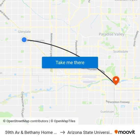 59th Av & Bethany Home Rd to Arizona State University map