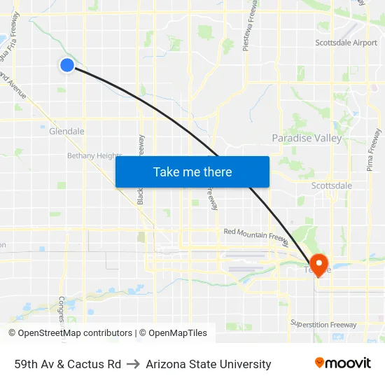 59th Av & Cactus Rd to Arizona State University map