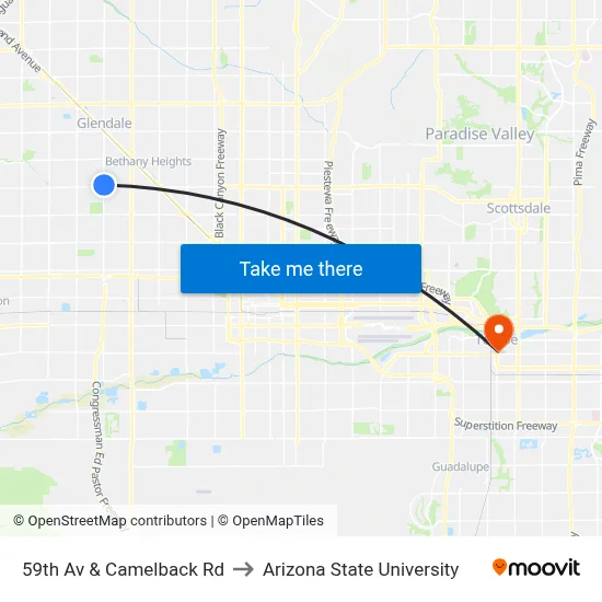 59th Av & Camelback Rd to Arizona State University map