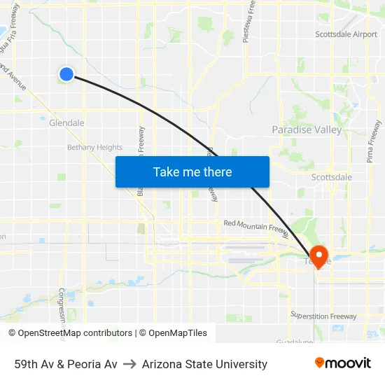 59th Av & Peoria Av to Arizona State University map