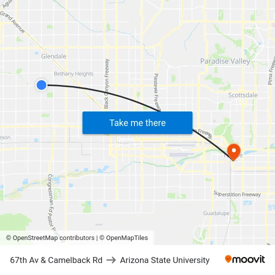 67th Av & Camelback Rd to Arizona State University map