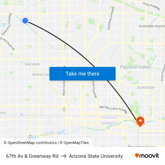 67th Av & Greenway Rd to Arizona State University map