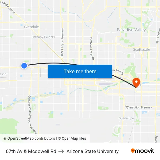67th Av & Mcdowell Rd to Arizona State University map