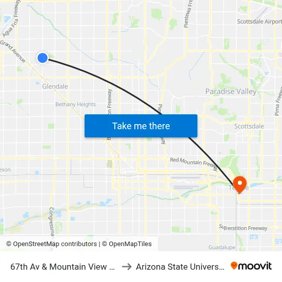 67th Av & Mountain View Rd to Arizona State University map