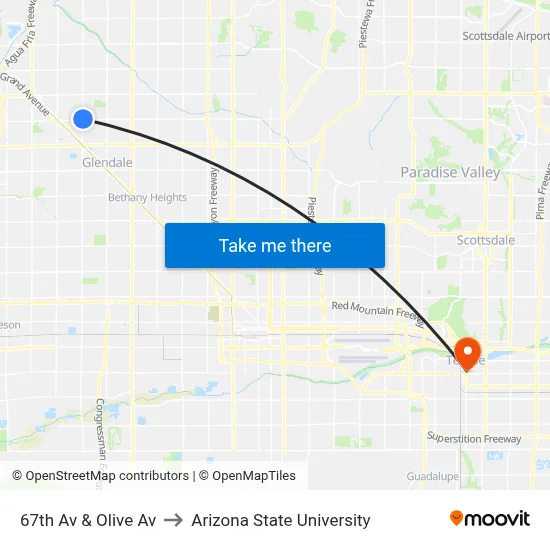 67th Av & Olive Av to Arizona State University map