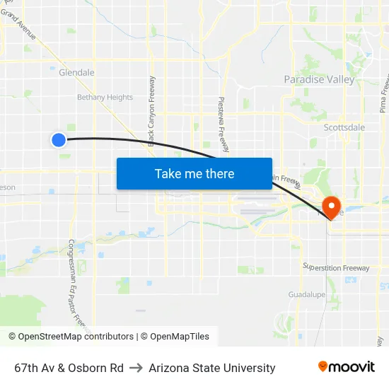 67th Av & Osborn Rd to Arizona State University map