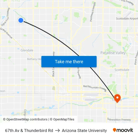 67th Av & Thunderbird Rd to Arizona State University map