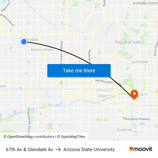 67th Av & Glendale Av to Arizona State University map