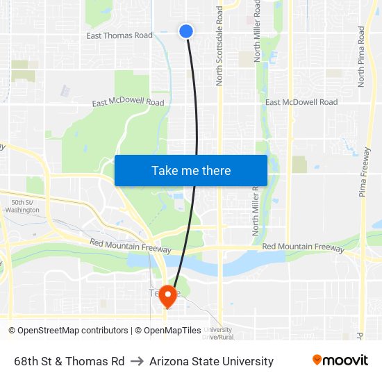 68th St & Thomas Rd to Arizona State University map