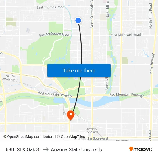 68th St & Oak St to Arizona State University map