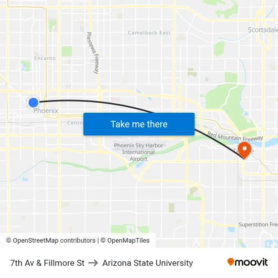 7th Av & Fillmore St to Arizona State University map