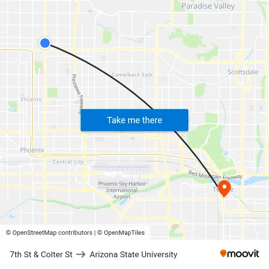 7th St & Colter St to Arizona State University map