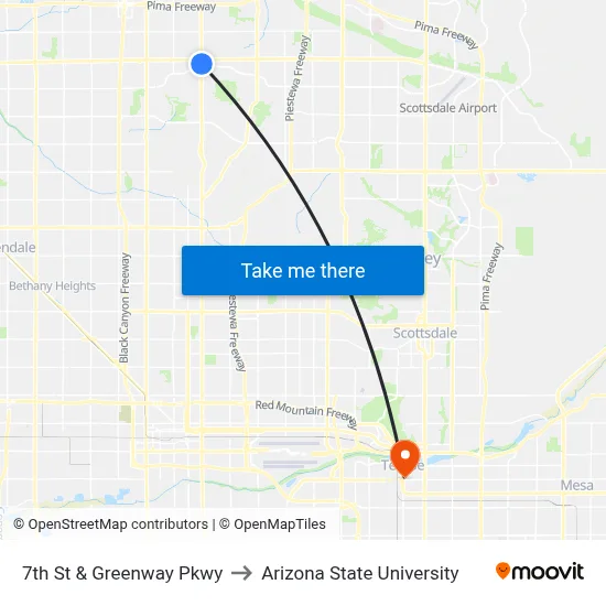 7th St & Greenway Pkwy to Arizona State University map