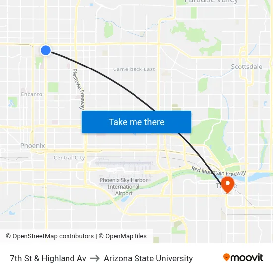 7th St & Highland Av to Arizona State University map